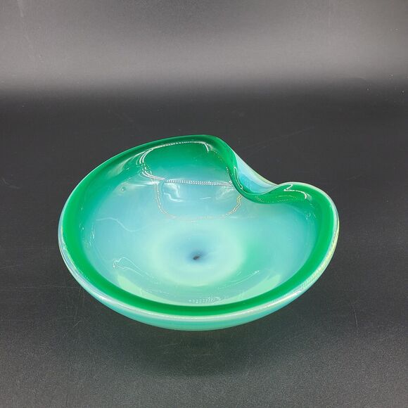 Art Glass Green White Freeform Dish Bowl - Picture 1 of 5